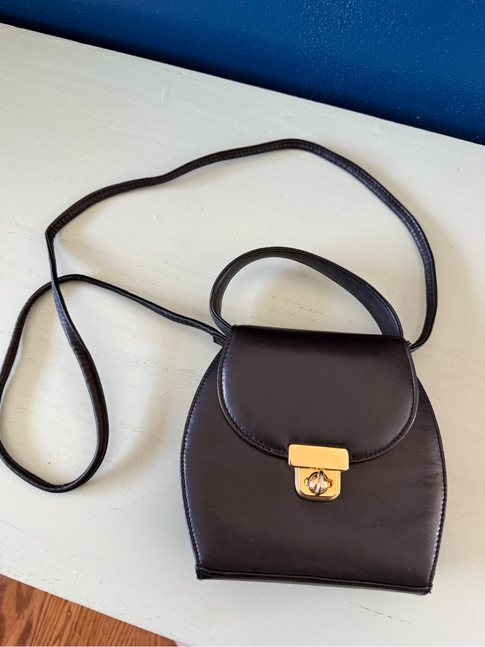 Vintage Tannery West Black Leather Crossbody Purse Handbag Minimalist Gold